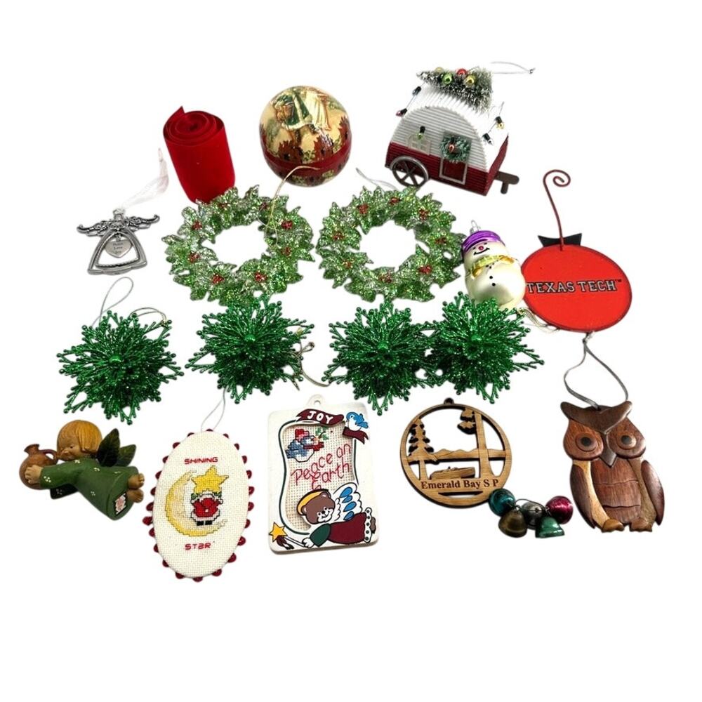 18 Pc Christmas Ornament Lot Vintage Bells Santa Box Wreaths Owl Angel Holiday